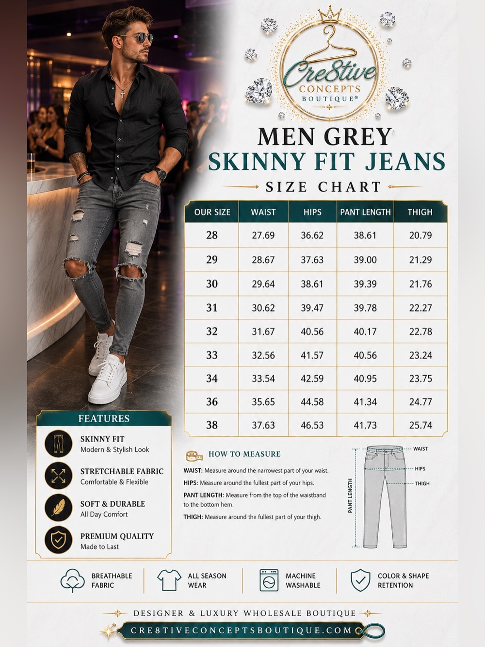 “Men’s Grey Distressed Skinny Fit Jeans, Stretch Denim | Boutique Streetwear”